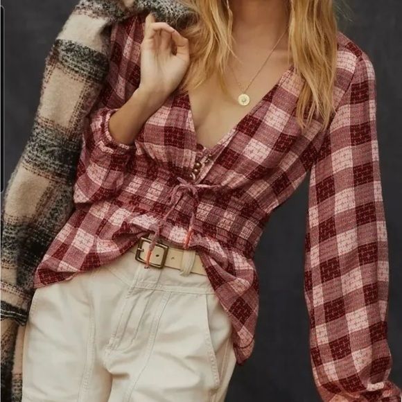 Anthropologie Tops - Anthropologie Red Plaid Long-Sleeve Smocked Waist Blouse